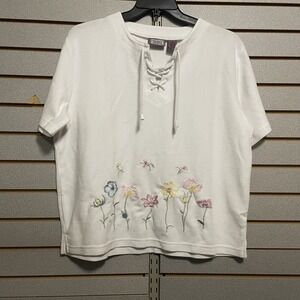 Premier International XL Top Blouse Shirt Floral Embroidered Lace Up Neck‎ Short